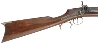 Antique Halfstock Rifle
.38 caliber fast twist, 34-1/2" barrel, 
walnut, saw handle, nickel silver, 
J.H. Woods Helena, KY marked percussion lock