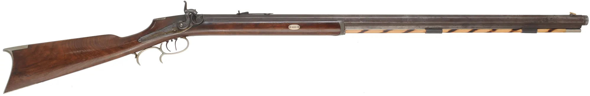 Antique Halfstock Rifle
.38 caliber fast twist, 34-1/2" barrel,
walnut, saw handle, nickel silver,
J.H. Woods Helena, KY marked percussion lock Antique Halfstock Rifle
.38 caliber fast twist, 34-1/2" barrel,
walnut, saw handle, nickel silver,
J.H. Woods Helena, KY marked percussion lock