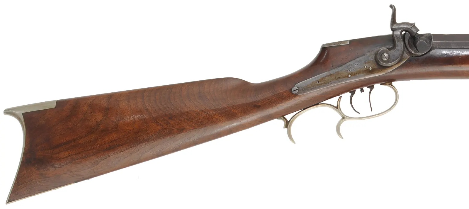 Antique Halfstock Rifle
.38 caliber fast twist, 34-1/2" barrel,
walnut, saw handle, nickel silver,
J.H. Woods Helena, KY marked percussion lock Antique Halfstock Rifle
.38 caliber fast twist, 34-1/2" barrel,
walnut, saw handle, nickel silver,
J.H. Woods Helena, KY marked percussion lock