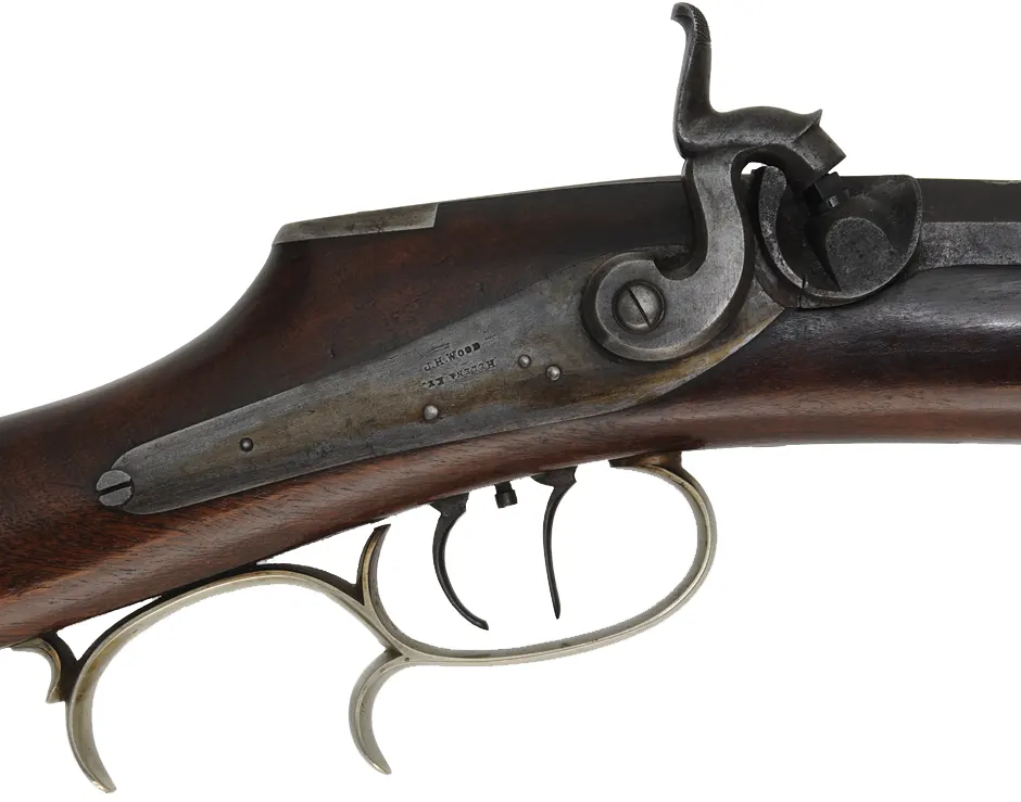Antique Halfstock Rifle
.38 caliber fast twist, 34-1/2" barrel,
walnut, saw handle, nickel silver,
J.H. Woods Helena, KY marked percussion lock Antique Halfstock Rifle
.38 caliber fast twist, 34-1/2" barrel,
walnut, saw handle, nickel silver,
J.H. Woods Helena, KY marked percussion lock