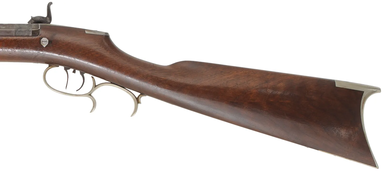 Antique Halfstock Rifle
.38 caliber fast twist, 34-1/2" barrel,
walnut, saw handle, nickel silver,
J.H. Woods Helena, KY marked percussion lock Antique Halfstock Rifle
.38 caliber fast twist, 34-1/2" barrel,
walnut, saw handle, nickel silver,
J.H. Woods Helena, KY marked percussion lock