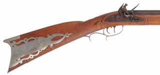 Golden Age Longrifle,
.45 caliber, 43" barrel,
maple, nickel silver trim, flintlock,
hooked breech, single lever double set triggers, used