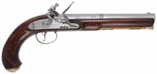 Kentucky Pistol
.62 caliber smoothbore, 9" octagon-to-round barrel,
brass trim, maple stock, Ashmore lock, 
used, signed D. Herman