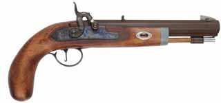 C.V.A. Mountain Pistol
.50 caliber, 9" barrel,
percussion, beech, iron trim, belt hook,
used, well finished from a kit, by Connecticut Valley Arms