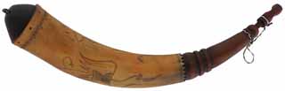 Powder Horn,
13", scrimshaw hell horse, 
patina finished, iron staple