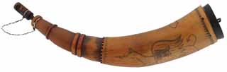 Powder Horn,
11-1/2", scrimshaw hell horse, 
patina finished, iron staple