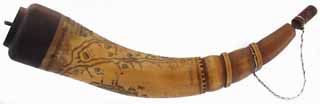 Powder Horn,
13", scrimshaw New York map horn, 
patina finished, iron staple