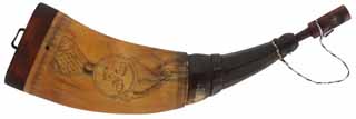 Flat Powder Horn,
9-3/4", Rupp Indian head, 
1757 date, pine base with staple