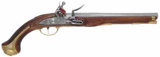 1733 French Dragoon Pistol,
.62 caliber smoothbore, 12" barrel,
L&R flintlock, walnut, brass trim, 
used, by K. Lincavage