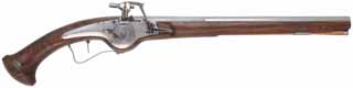 Wheellock Pistol,
.58 caliber smoothbore, 16-1/2" barrel,
walnut, iron, spanner wrench, used