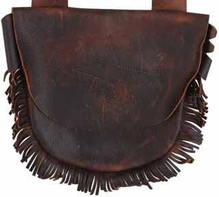 Leather Hunting Pouch, 
9 by 9-1/2", leather strap,
fringed, stitched star on flap, used