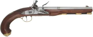 Kentucky Pistol,
.50 caliber, 10" octagon-to-round barrel,
small Siler flintlock, walnut, Georgian style brass furniture,
by Ken Brady.