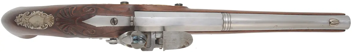 Kentucky Pistol,
.50 caliber, 10" octagon-to-round barrel,
small Siler flintlock, walnut, Georgian style brass furniture,
by Ken Brady. Kentucky Pistol,
.50 caliber, 10" octagon-to-round barrel,
small Siler flintlock, walnut, Georgian style brass furniture,
by Ken Brady.