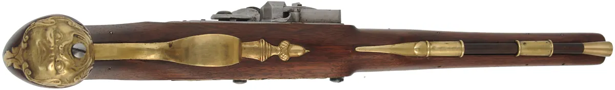 Kentucky Pistol,
.50 caliber, 10" octagon-to-round barrel,
small Siler flintlock, walnut, Georgian style brass furniture,
by Ken Brady. Kentucky Pistol,
.50 caliber, 10" octagon-to-round barrel,
small Siler flintlock, walnut, Georgian style brass furniture,
by Ken Brady.