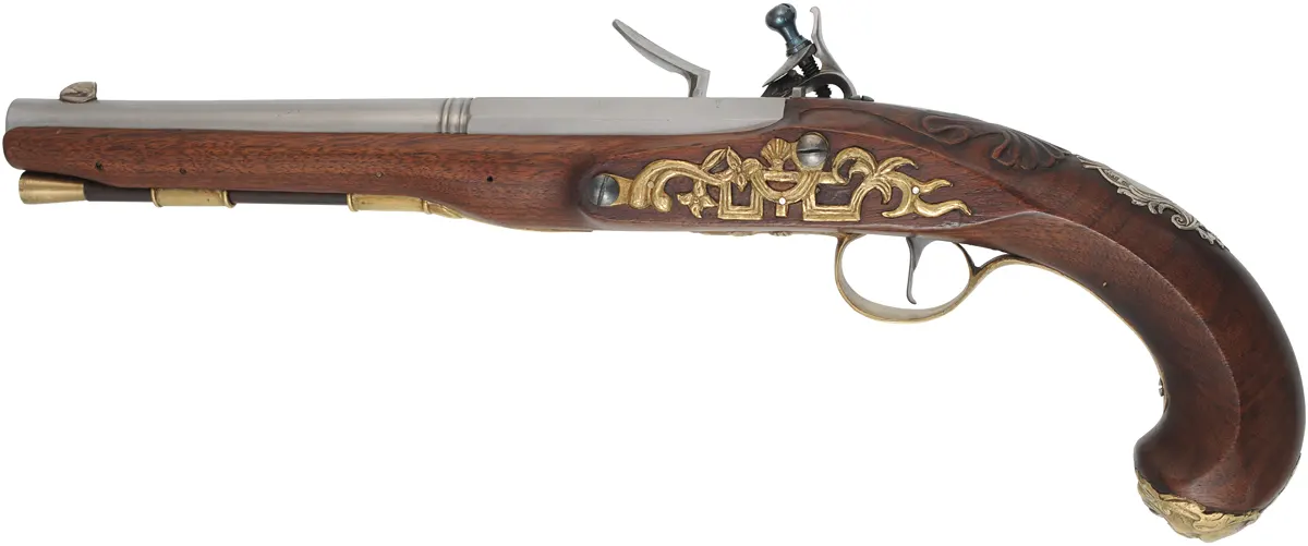 Kentucky Pistol,
.50 caliber, 10" octagon-to-round barrel,
small Siler flintlock, walnut, Georgian style brass furniture,
by Ken Brady. Kentucky Pistol,
.50 caliber, 10" octagon-to-round barrel,
small Siler flintlock, walnut, Georgian style brass furniture,
by Ken Brady.