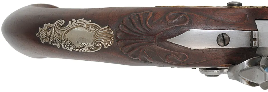 Kentucky Pistol,
.50 caliber, 10" octagon-to-round barrel,
small Siler flintlock, walnut, Georgian style brass furniture,
by Ken Brady. Kentucky Pistol,
.50 caliber, 10" octagon-to-round barrel,
small Siler flintlock, walnut, Georgian style brass furniture,
by Ken Brady.