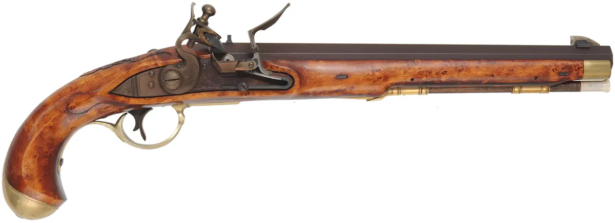 Kentucky Pistol
.50 caliber 10-1/2" tapered barrel,
small Siler flint lock, curly maple,
engraved brass trim, signed by R.W. Deitz Kentucky Pistol
.50 caliber 10-1/2" tapered barrel,
small Siler flint lock, curly maple,
engraved brass trim, signed by R.W. Deitz