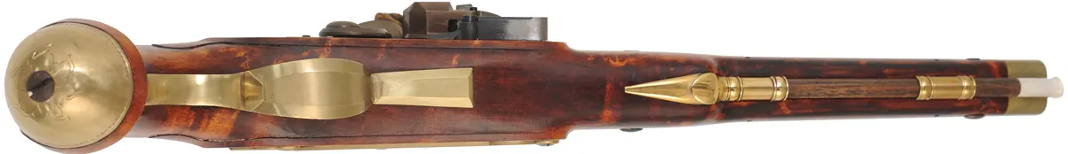 Kentucky Pistol
.50 caliber 10-1/2" tapered barrel,
small Siler flint lock, curly maple,
engraved brass trim, signed by R.W. Deitz Kentucky Pistol
.50 caliber 10-1/2" tapered barrel,
small Siler flint lock, curly maple,
engraved brass trim, signed by R.W. Deitz