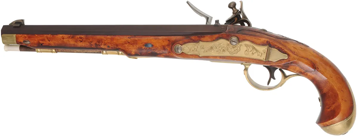 Kentucky Pistol
.50 caliber 10-1/2" tapered barrel,
small Siler flint lock, curly maple,
engraved brass trim, signed by R.W. Deitz Kentucky Pistol
.50 caliber 10-1/2" tapered barrel,
small Siler flint lock, curly maple,
engraved brass trim, signed by R.W. Deitz