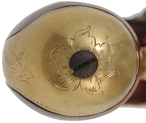 Kentucky Pistol
.50 caliber 10-1/2" tapered barrel,
small Siler flint lock, curly maple,
engraved brass trim, signed by R.W. Deitz Kentucky Pistol
.50 caliber 10-1/2" tapered barrel,
small Siler flint lock, curly maple,
engraved brass trim, signed by R.W. Deitz