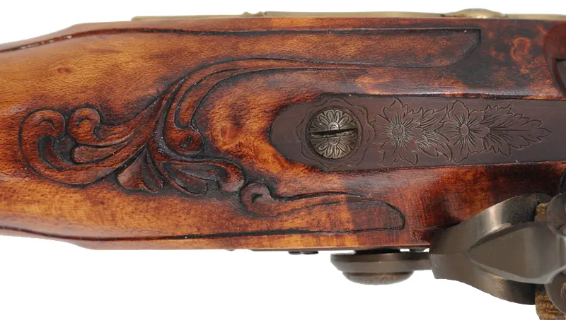 Kentucky Pistol
.50 caliber 10-1/2" tapered barrel,
small Siler flint lock, curly maple,
engraved brass trim, signed by R.W. Deitz Kentucky Pistol
.50 caliber 10-1/2" tapered barrel,
small Siler flint lock, curly maple,
engraved brass trim, signed by R.W. Deitz