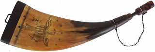 Flat Powder Horn,
9-3/4", scrimshaw Federal eagle, 
walnut base with staple