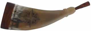 Flat Powder Horn,
6", walnut base,
scrimshaw compass rose,
