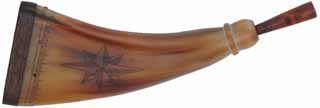 Flat Powder Horn,
5-1/4", walnut base,
scrimshaw hunter's star 
