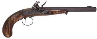 Flintlock Target Pistol, 
.40 caliber, 10-3/4" barrel,
L&R flintlock, maple, iron trim, 
used, with loading stand and rod