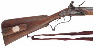 Jaeger Rifle,
.67 caliber straight rifled, 28-1/2" swamped Rayl barrel,
flintlock, walnut, iron, patina finished, 
new, by D. Minnich