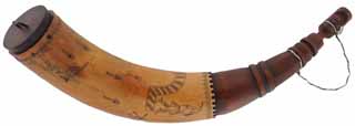 Powder Horn,
13", scrimshaw New York,
Indian, deer, fish, game scene, 
patina finished, iron staple