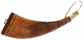 Flat Powder Horn,
10-3/4", scrimshaw deer scene, 
maple base with staple