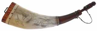 Flat Powder Horn,
9-1/2", scrimshaw floral designs, 
maple base with staple