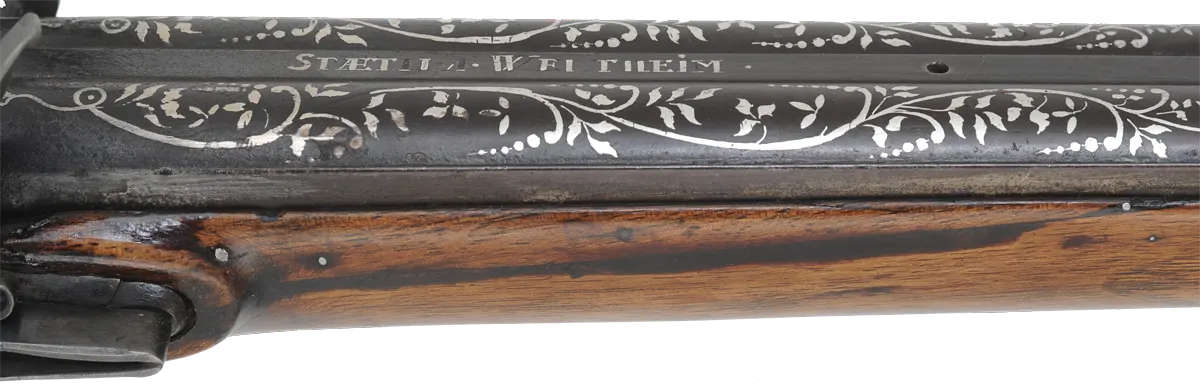 Antique Double Shotgun,
28 gauge, 30-1/2" Damascus barrels,
reconverted flintlock, refinished walnut, used, 
signed by Staeth A Wertheim