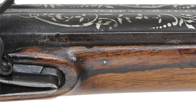 Antique Double Shotgun,
28 gauge, 30-1/2" Damascus barrels,
reconverted flintlock, refinished walnut, used, 
signed by Staeth A Wertheim
