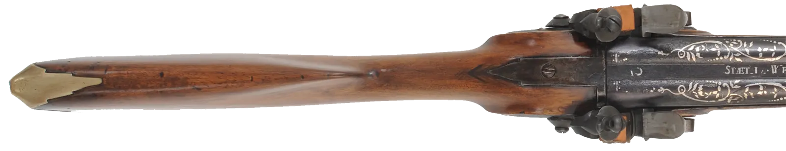 Antique Double Shotgun,
28 gauge, 30-1/2" Damascus barrels,
reconverted flintlock, refinished walnut, used, 
signed by Staeth A Wertheim