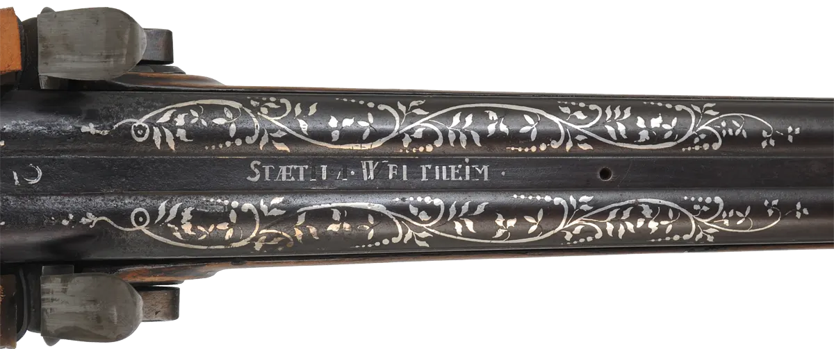 Antique Double Shotgun,
28 gauge, 30-1/2" Damascus barrels,
reconverted flintlock, refinished walnut, used, 
signed by Staeth A Wertheim