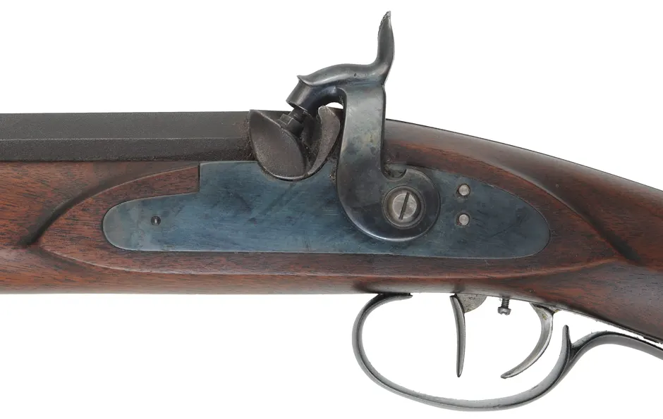 Left Hand Hawken Rifle,
.54 caliber, 36" tapered barrel,
percussion, walnut, iron trim, 
used, signed Parry
