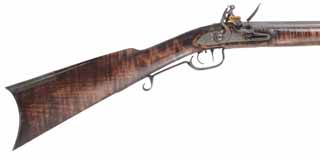 Carolina Smoothrifle,
.58 caliber smoothbore, 46" octagon-to-round barrel,
late Ketland flintlock, curly maple, iron trim, used, by K. Blevins