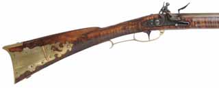 Golden Age Longrifle in the style of Peter Berry
.45 caliber, 42" Rice barrel,
small Siler flintlock, curly maple, brass trim,
new, unfired, by G. Rasche