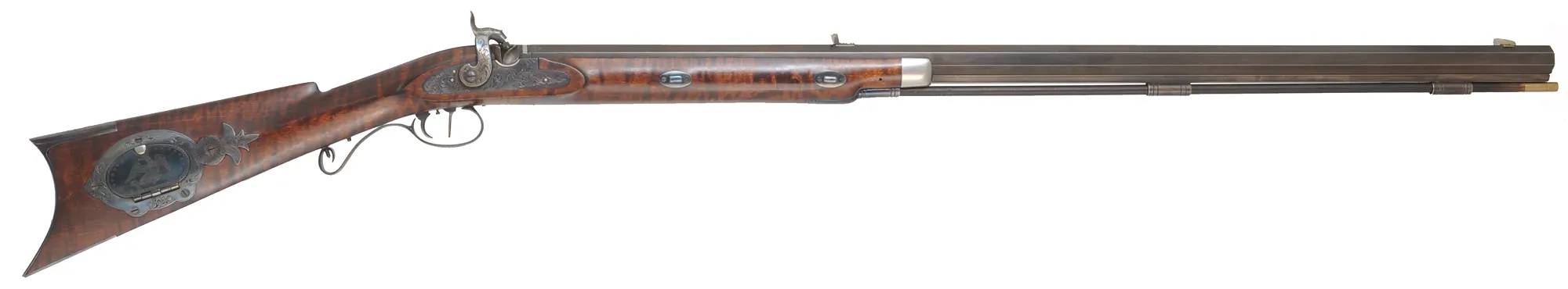 Hawken Rifle,
.50 caliber, W.M. Large 36" barrel,
percussion, walnut, engraved iron
used, signed by T. Wilkes Hawken Rifle,
.50 caliber, W.M. Large 36" barrel,
percussion, walnut, engraved iron
used, signed by T. Wilkes