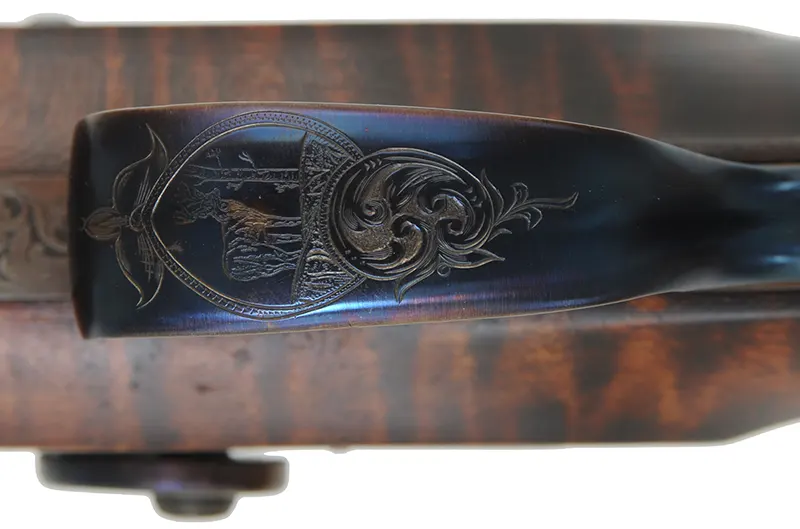 Hawken Rifle,
.50 caliber, W.M. Large 36" barrel,
percussion, walnut, engraved iron
used, signed by T. Wilkes Hawken Rifle,
.50 caliber, W.M. Large 36" barrel,
percussion, walnut, engraved iron
used, signed by T. Wilkes