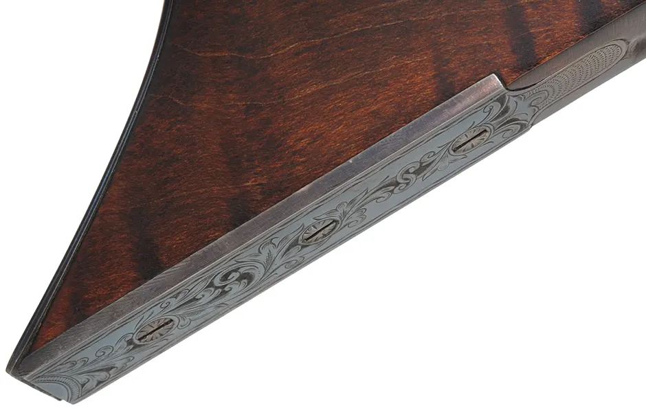 Hawken Rifle,
.50 caliber, W.M. Large 36" barrel,
percussion, walnut, engraved iron
used, signed by T. Wilkes Hawken Rifle,
.50 caliber, W.M. Large 36" barrel,
percussion, walnut, engraved iron
used, signed by T. Wilkes