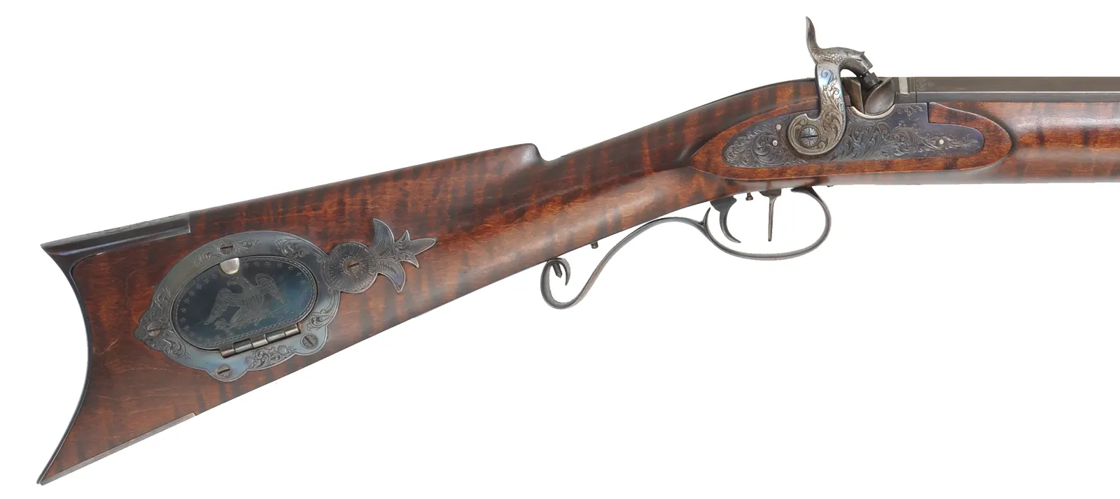 Hawken Rifle,
.50 caliber, W.M. Large 36" barrel,
percussion, walnut, engraved iron
used, signed by T. Wilkes Hawken Rifle,
.50 caliber, W.M. Large 36" barrel,
percussion, walnut, engraved iron
used, signed by T. Wilkes