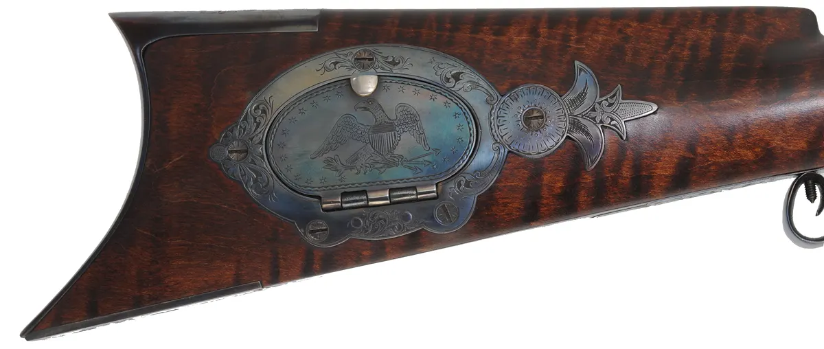 Hawken Rifle,
.50 caliber, W.M. Large 36" barrel,
percussion, walnut, engraved iron
used, signed by T. Wilkes Hawken Rifle,
.50 caliber, W.M. Large 36" barrel,
percussion, walnut, engraved iron
used, signed by T. Wilkes