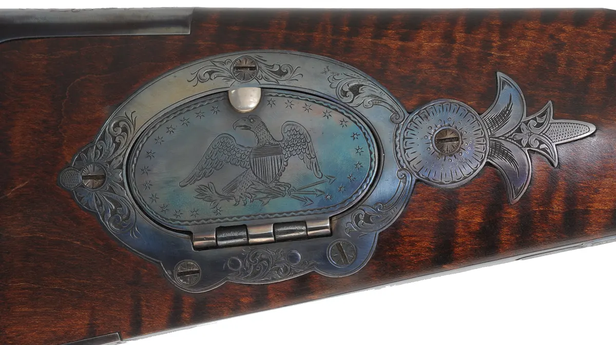 Hawken Rifle,
.50 caliber, W.M. Large 36" barrel,
percussion, walnut, engraved iron
used, signed by T. Wilkes Hawken Rifle,
.50 caliber, W.M. Large 36" barrel,
percussion, walnut, engraved iron
used, signed by T. Wilkes