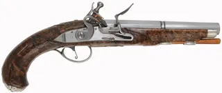 Kentucky Pistol,
.54 caliber, 7-1/2" octagon-to-round barrel,
Siler flintlock, curly maple, Georgian style silver furniture, as-new