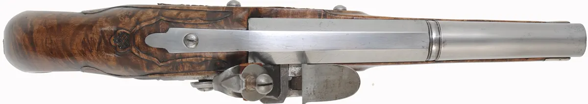 Kentucky Pistol,
.54 caliber, 7-1/2" octagon-to-round barrel,
Siler flintlock, curly maple, Georgian style silver furniture, as-new Kentucky Pistol,
.54 caliber, 7-1/2" octagon-to-round barrel,
Siler flintlock, curly maple, Georgian style silver furniture, as-new