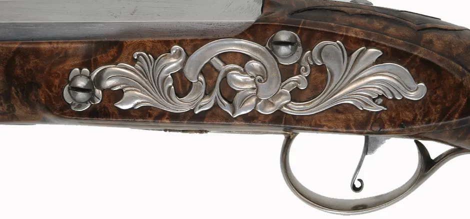 Kentucky Pistol,
.54 caliber, 7-1/2" octagon-to-round barrel,
Siler flintlock, curly maple, Georgian style silver furniture, as-new Kentucky Pistol,
.54 caliber, 7-1/2" octagon-to-round barrel,
Siler flintlock, curly maple, Georgian style silver furniture, as-new