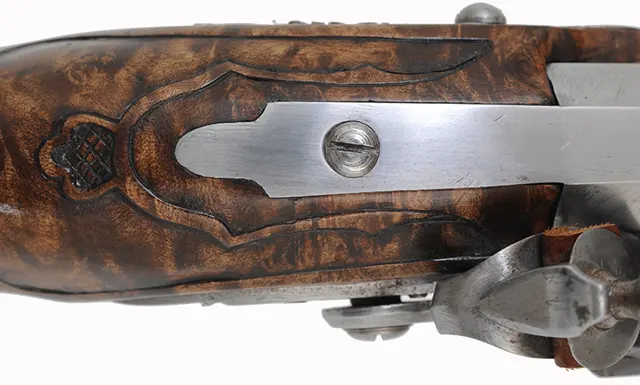 Kentucky Pistol,
.54 caliber, 7-1/2" octagon-to-round barrel,
Siler flintlock, curly maple, Georgian style silver furniture, as-new Kentucky Pistol,
.54 caliber, 7-1/2" octagon-to-round barrel,
Siler flintlock, curly maple, Georgian style silver furniture, as-new